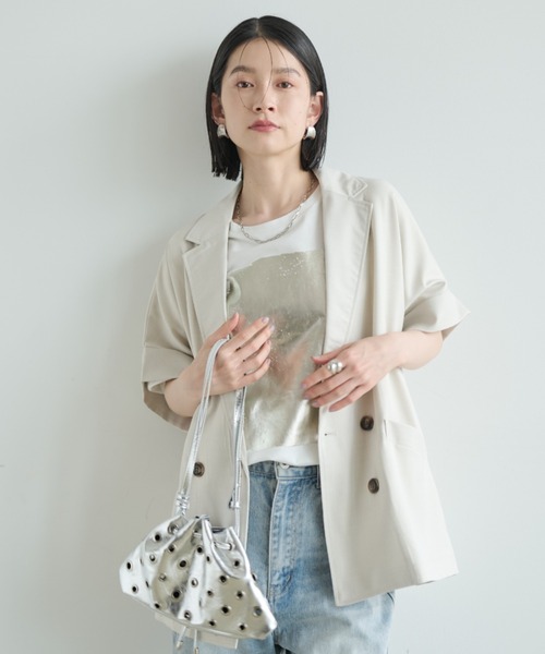 Shelly island（シェリーアイランド）の「半袖シャツジャケット（テーラードジャケット・レディース・チャコールグレー/ベージュ/ホワイト/ブラック/ブラウン・FREE）」の10枚目の写真