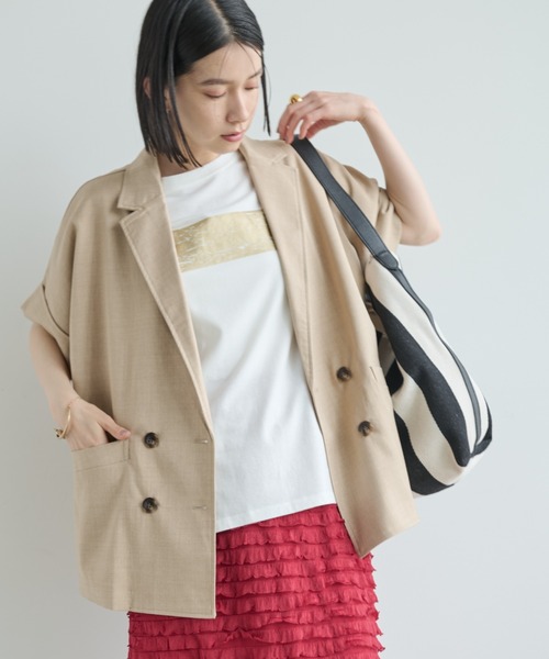 Shelly island（シェリーアイランド）の「半袖シャツジャケット（テーラードジャケット・レディース・チャコールグレー/ベージュ/ホワイト/ブラック/ブラウン・FREE）」の8枚目の写真