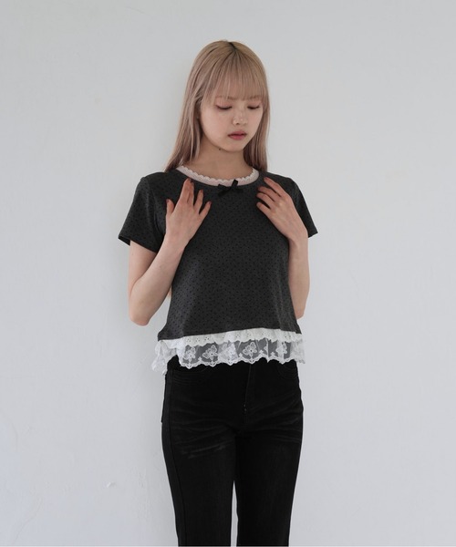ポルカドットフリルTシャツ ブラック セール】【 cunii 】 ポルカ ドット フリル ヘム トップ（T