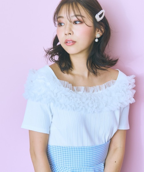 marun（マルン）の「＜大きいサイズ＞テレコリブチュールトップス marun（Tシャツ/カットソー・レディース・ブラック/ピンク/ホワイト・L/5L/4L/3L/LL）」の2枚目の写真