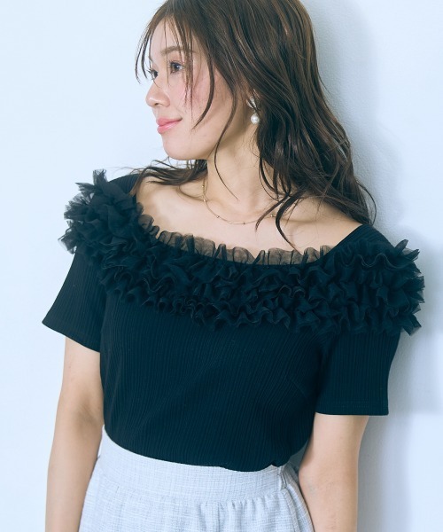 marun（マルン）の「＜大きいサイズ＞テレコリブチュールトップス marun（Tシャツ/カットソー・レディース・ブラック/ピンク/ホワイト・L/5L/4L/3L/LL）」の3枚目の写真