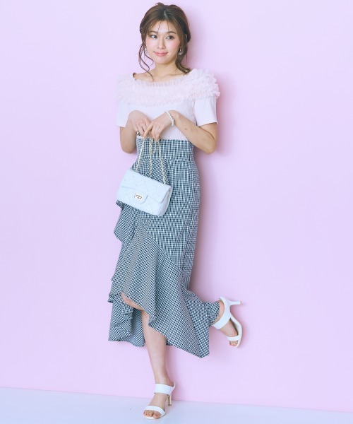 marun（マルン）の「＜大きいサイズ＞テレコリブチュールトップス marun（Tシャツ/カットソー・レディース・ブラック/ピンク/ホワイト・L/5L/4L/3L/LL）」の16枚目の写真