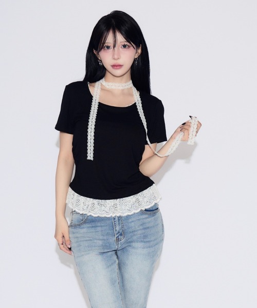 tinkerend(ティンカーエンド)の「Frill Tiered Short Sleeve T-shirt / フリルティアード半袖Tシャツ(Tシャツ/カットソー・レディース・ブラック/ホワイト・FREE)」の2枚目の写真