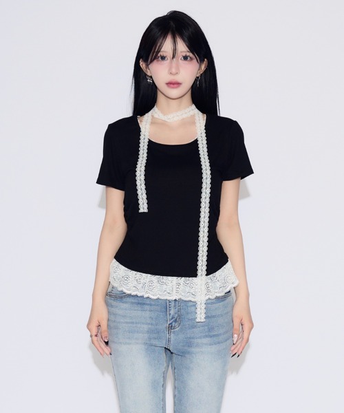 tinkerend(ティンカーエンド)の「Frill Tiered Short Sleeve T-shirt / フリルティアード半袖Tシャツ(Tシャツ/カットソー・レディース・ブラック/ホワイト・FREE)」の17枚目の写真
