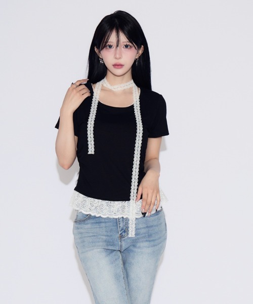 tinkerend(ティンカーエンド)の「Frill Tiered Short Sleeve T-shirt / フリルティアード半袖Tシャツ(Tシャツ/カットソー・レディース・ブラック/ホワイト・FREE)」の18枚目の写真
