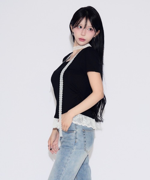 tinkerend(ティンカーエンド)の「Frill Tiered Short Sleeve T-shirt / フリルティアード半袖Tシャツ(Tシャツ/カットソー・レディース・ブラック/ホワイト・FREE)」の19枚目の写真