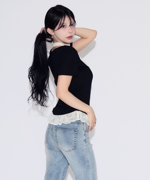 tinkerend(ティンカーエンド)の「Frill Tiered Short Sleeve T-shirt / フリルティアード半袖Tシャツ(Tシャツ/カットソー・レディース・ブラック/ホワイト・FREE)」の20枚目の写真