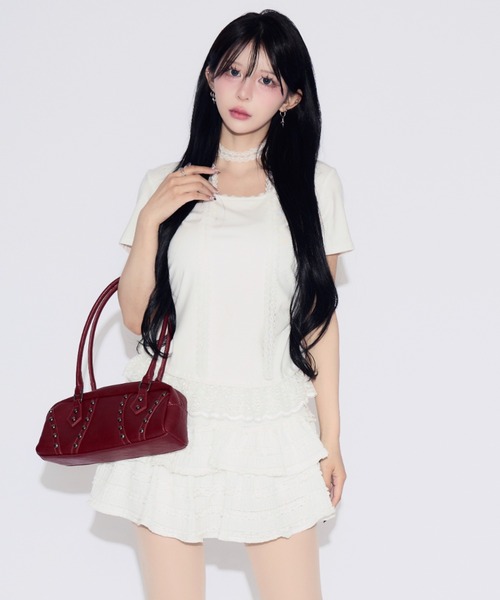 tinkerend(ティンカーエンド)の「Frill Tiered Short Sleeve T-shirt / フリルティアード半袖Tシャツ(Tシャツ/カットソー・レディース・ブラック/ホワイト・FREE)」の9枚目の写真