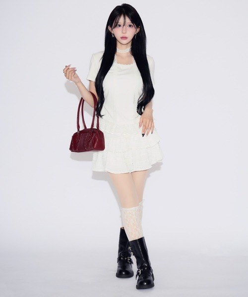 tinkerend(ティンカーエンド)の「Frill Tiered Short Sleeve T-shirt / フリルティアード半袖Tシャツ(Tシャツ/カットソー・レディース・ブラック/ホワイト・FREE)」の15枚目の写真