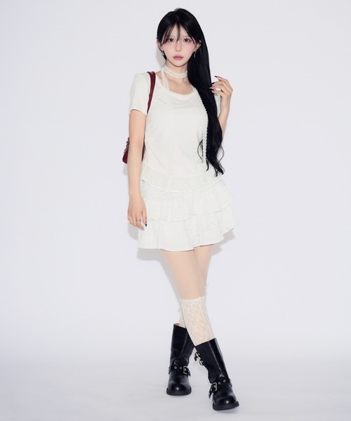 tinkerend(ティンカーエンド)の「Frill Tiered Short Sleeve T-shirt / フリルティアード半袖Tシャツ(Tシャツ/カットソー・レディース・ブラック/ホワイト・FREE)」の14枚目の写真