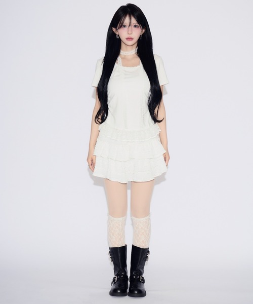 tinkerend(ティンカーエンド)の「Frill Tiered Short Sleeve T-shirt / フリルティアード半袖Tシャツ(Tシャツ/カットソー・レディース・ブラック/ホワイト・FREE)」の13枚目の写真