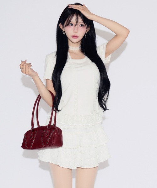 tinkerend(ティンカーエンド)の「Frill Tiered Short Sleeve T-shirt / フリルティアード半袖Tシャツ(Tシャツ/カットソー・レディース・ブラック/ホワイト・FREE)」の10枚目の写真