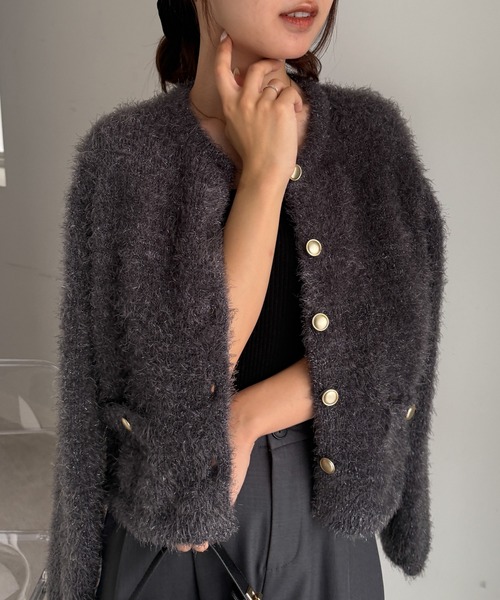 セール】ゴールドボタンラメシャギーカーディガン（カーディガン