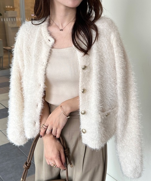 セール】ゴールドボタンラメシャギーカーディガン（カーディガン