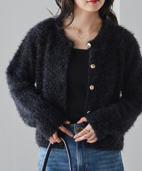 セール】ゴールドボタンラメシャギーカーディガン（カーディガン