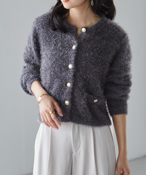 RILATO新品✨ラメシャギーカーディガン(チャコール) セール】ゴールドボタンラメシャギーカーディガン（カーディガン