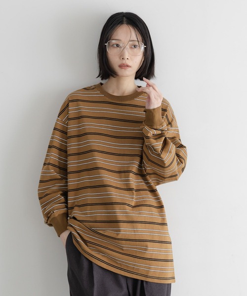 LOWRYS FARM(ローリーズファーム)の「【LFM(U)】CREW NECK ボーダーT/LS 581154(Tシャツ/カットソー・メンズ・グリーン/ブラウン/ブルー/グレー/ネイビー/ブラウン系その他・MEDIUM/LARGE)」の4枚目の写真