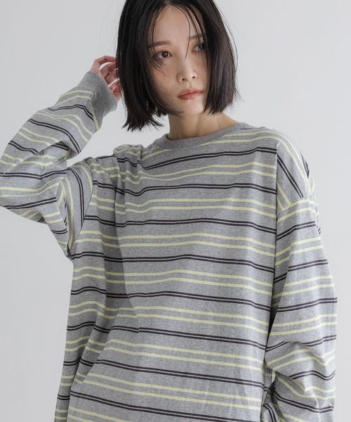 LOWRYS FARM(ローリーズファーム)の「【LFM(U)】CREW NECK ボーダーT/LS 581154(Tシャツ/カットソー・メンズ・グリーン/ブラウン/ブルー/グレー/ネイビー/ブラウン系その他・MEDIUM/LARGE)」の2枚目の写真
