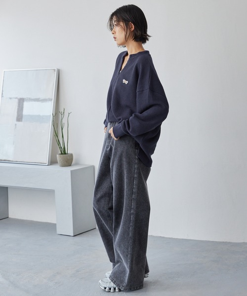 PENNEYS（ぺニーズ）の「PENNEYS/ペニーズ 別注 THE FOX ワンポイントロゴ刺繍 スキッパーワッフル長袖Tシャツ<抗菌防臭>（Tシャツ/カットソー・レディース・アイボリー/ブラック/ライトグレー/レッド/ネイビー・FREE）」の14枚目の写真