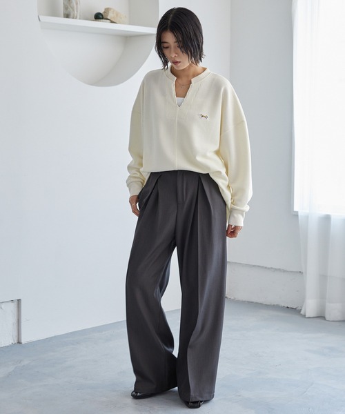 PENNEYS（ぺニーズ）の「PENNEYS/ペニーズ 別注 THE FOX ワンポイントロゴ刺繍 スキッパーワッフル長袖Tシャツ<抗菌防臭>（Tシャツ/カットソー・レディース・アイボリー/ブラック/ライトグレー/レッド/ネイビー・FREE）」の18枚目の写真