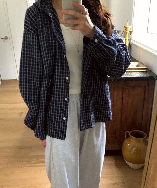 LAC-VERT(ラック・ヴェール)の「フード付きチェックシャツ(シャツ/ブラウス・レディース・ネイビー/ブルー・FREE)」の14枚目の写真