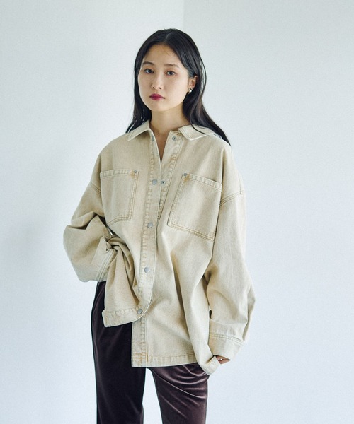 専用出品　ダメージデニムシャツ　ベージュ Fサイズ 綿100％フリンジ加工デニムシャツ＜大きいサイズ有＞GEVS. 通販
