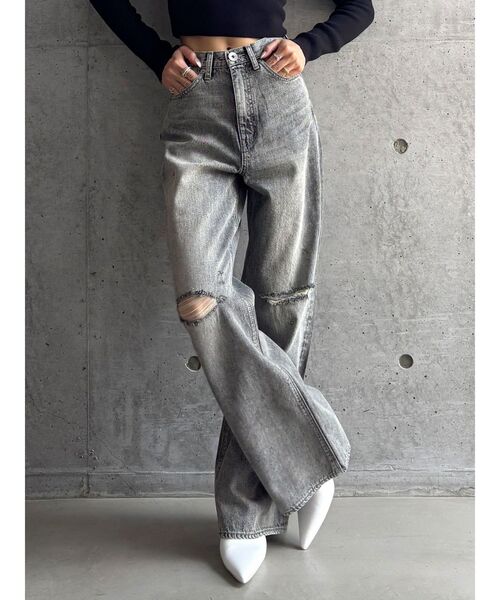 【TINY】GYDA ハイウエストKNEEダメージワイドデニムパンツ TINY】ハイウエストKNEEダメージワイドデニムパンツ[品番