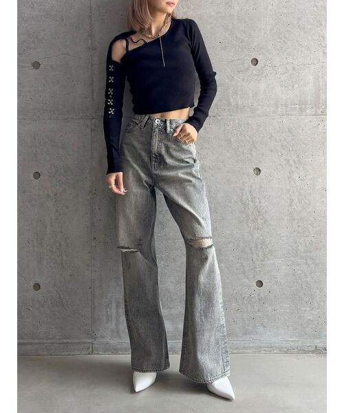 【TINY】GYDA ハイウエストKNEEダメージワイドデニムパンツ TINY】ハイウエストKNEEダメージワイドデニムパンツ（デニム