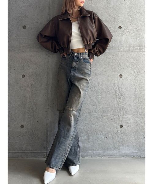 TINY】ハイウエストKNEEダメージワイドデニムパンツ（デニム