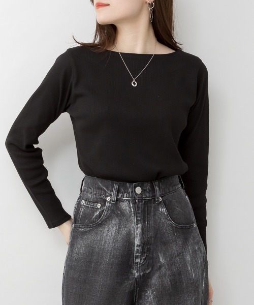 RCD(アールシーディー)の「2×2リブボートネックカット(Tシャツ/カットソー・レディース・カーキ/杢グレー/オフホワイト/ブラック/ベージュ・L/M/LL/3L/4L)」の1枚目の写真