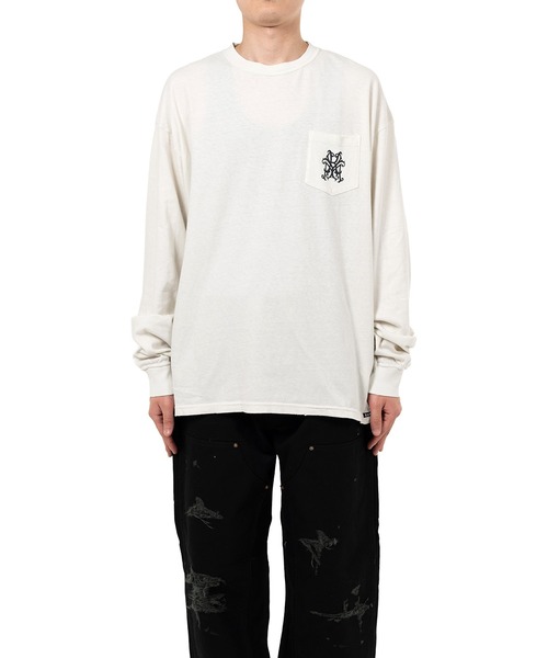 KAMIYA（カミヤ）の「"Messenger Bird" Distressed Pocket L/S T-shirt（Tシャツ/カットソー・メンズ・ホワイト/オレンジ・S/L/M）」の4枚目の写真