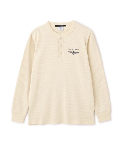 AVIREX(アヴィレックス)の「《直営店限定》HONEYCOMB WAFFLE HENLEY NECK NAVAL T-SHIRT / ハニカムワッフル ヘンリーネック ナバル長袖Tシャツ / AVIREX / アヴィレックス(Tシャツ/カットソー・メンズ・ナチュラル/ネイビー/チャコール・MEDIUM/XX-LARGE/X-LARGE/LARGE)」の1枚目の写真