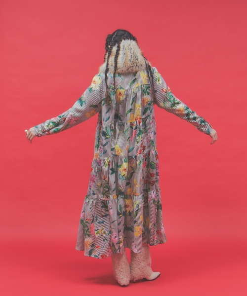 セール】フラワーストライプティアードワンピース（ワンピース