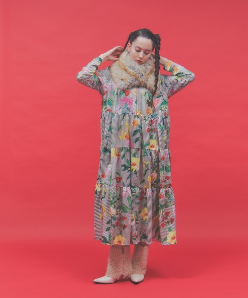 フラワーストライプティアードワンピース（ワンピース）｜manana