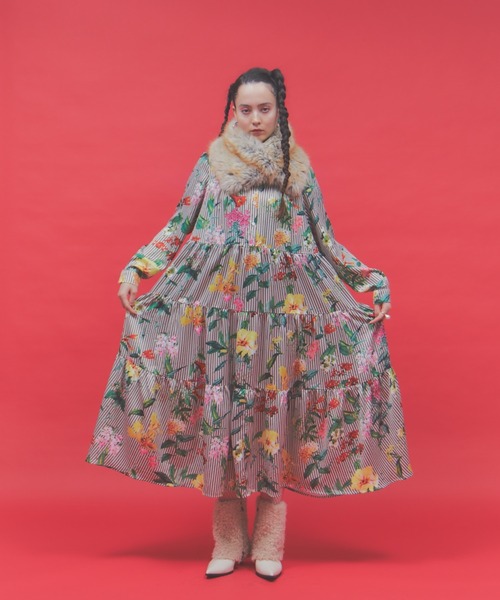 セール】フラワーストライプティアードワンピース（ワンピース