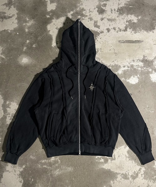 AGEM/9 エージェムナイン　吹き付け加工ジップパーカー　ブラック A'GEM/9 × .kom 『A'gem/エージェム』 ﾌｧｰ付加工ジップアップ