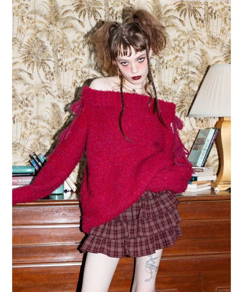 EVRIS（エヴリス）の「リボンオフショルニットワンピース（ワンピース・レディース・レッド/グレー/ブラック・FREE）」の7枚目の写真