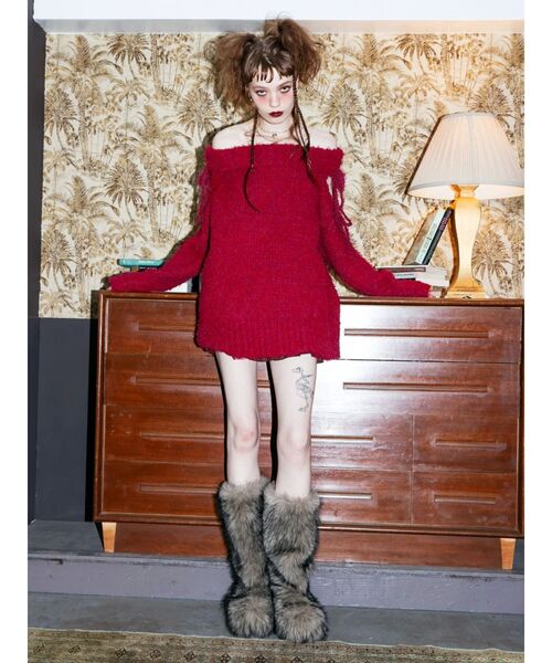 EVRIS（エヴリス）の「リボンオフショルニットワンピース（ワンピース・レディース・レッド/グレー/ブラック・FREE）」の8枚目の写真