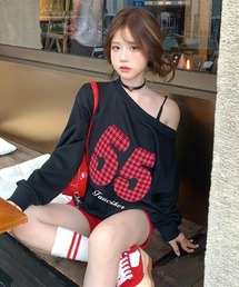 Y2K レトロチェック柄 ロゴ プルオーバー トレーナー トップス ショルダー ルーズ 長袖 大人可愛い ガーリー
