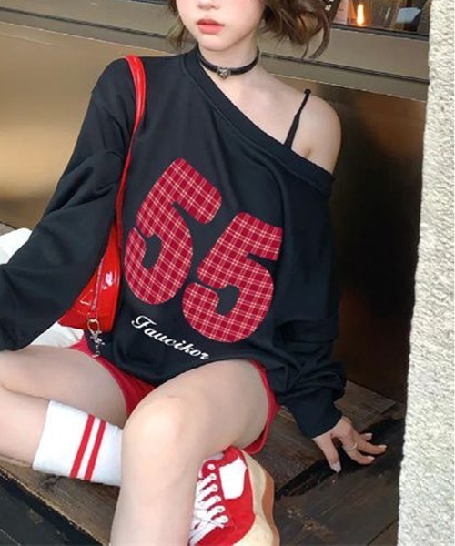 gossip！ロサンゼルス（ゴシップロサンゼルス）の「Y2K レトロチェック柄 ロゴ   プルオーバー トレーナー トップス ショルダー ルーズ 長袖  大人可愛い ガーリー（Tシャツ/カットソー・レディース・ブラック・FREE）」の8枚目の写真