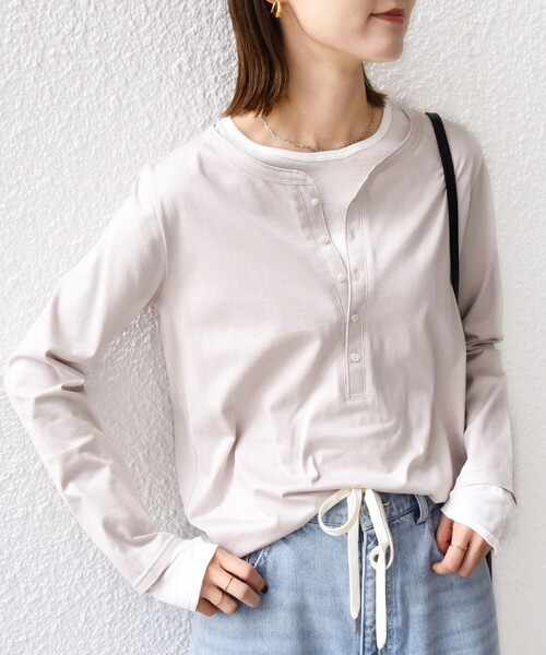 3/31まで値下げHER. ドライヘンリープルオーバー セール】レイヤード ライク ヘンリーネック プルオーバー（Tシャツ