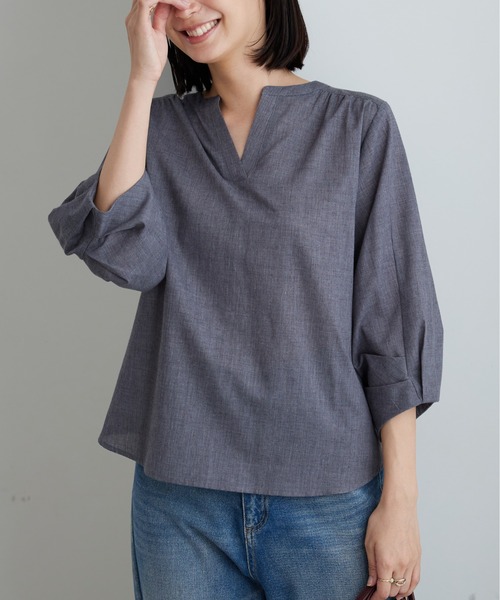 BELLUNA PLUS(ベルーナ)の「杢調素材袖タックデザインブラウス(シャツ/ブラウス・レディース・ブルー/杢グレー・X-LARGE/LARGE/MEDIUM)」の9枚目の写真