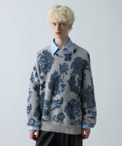 シャビーブルーのガーベラ♡ハーフリース　ブルーグレー　アンティーク調 シャギーニットガラプルオーバー | [公式]ハレ（HARE）通販