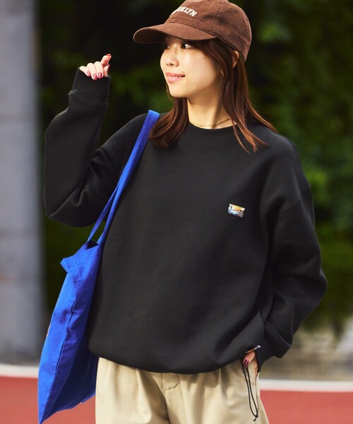 ビッグシルエット スピンドル ダンボール ワンポイントロゴ クルー