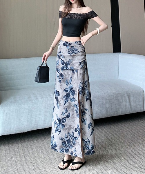 Girly Doll(ガーリードール)の「サイドギャザースリットロングスカート(スカート・レディース・ブルー系その他/ブラック・S/M)」の7枚目の写真