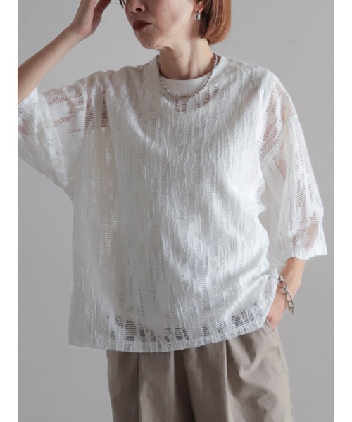 FIL DE FER(フィルデフェール)の「ランダムシアーJQ クルーネックTEE(Tシャツ/カットソー・レディース・ブラウン/ホワイト・FREE)」の1枚目の写真