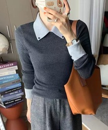 襟付き レイヤード風 長袖 ニット プルオーバー