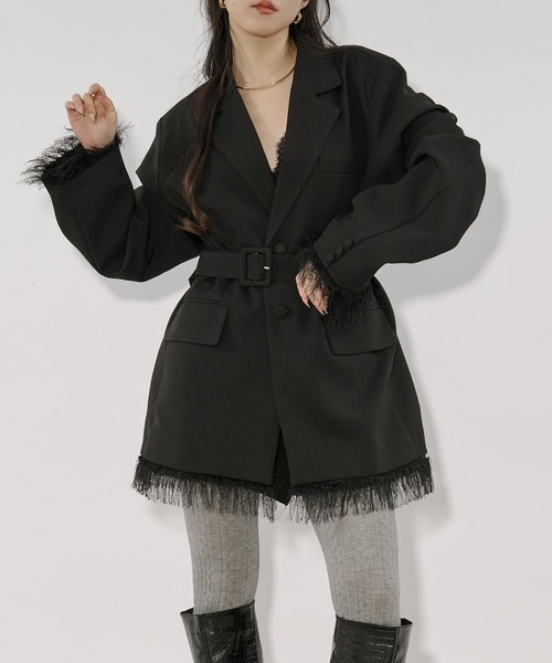 Ezick（エジック）の「2way fringe jacket フリンジヘムベルトツキジャケット/SETUP対応（テーラードジャケット・レディース・グレー/ブラック・FREE）」の2枚目の写真