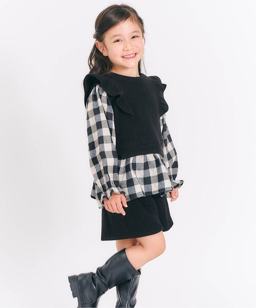 apres les cours（アプレレクール）の「【セットアップ】ベストドッキングトップス&ショートパンツセット（セットアップ・キッズ・チェック/その他3・80/90/100/110/120/130/140）」の2枚目の写真
