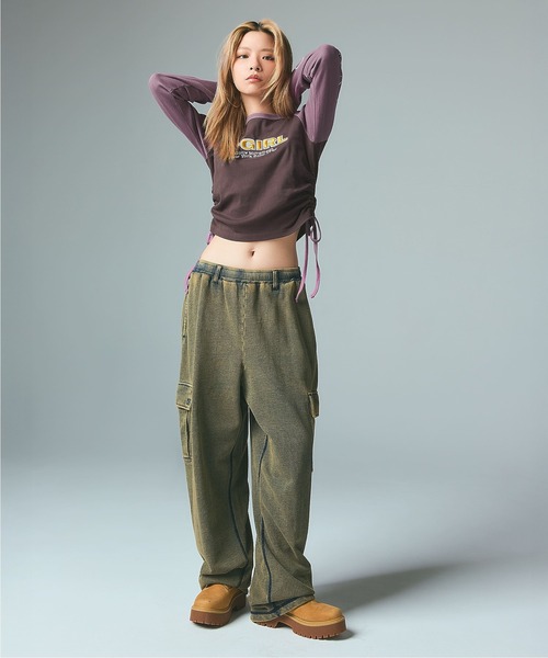 X-girl（エックスガール）の「OVERDYED NUMBER PATCH CARGO SWEATPANTS（スウェットパンツ・レディース・ブラック/インディゴブルー・S/M）」の6枚目の写真